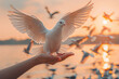 Open hands release doves into the sky at sunset, symbolizing freedom and hope, against the backdrop of a serene lake with birds flying in the distance.
