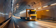 A truck speeds through a tunnel, creating motion blur and speed lines, illuminated by white and orange lights.