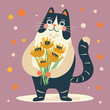Vector illustration happy cat in flat style drawing, with flowers in his hands
