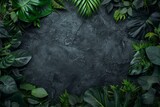Fototapeta  - Dark Green Tropical Leaves Mockup on Black Background, Leave Frame with Copy Space Top View