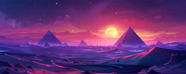 Wall Mural - Futuristic landscape with views of the pyramids and the city. vector simple illustration