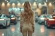 A well-dressed woman overlooks a luxurious car selection in a high-end automotive dealership