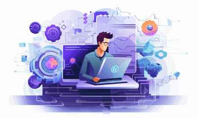 Copywriting concept with character. Flat black and blue vector illustration isolated on white background