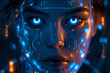 Portrait of a female cyborg robot. Concept for Artififial Intelligence.  Abstract digital human face. Artificial intelligence concept of big data or cyber security. 