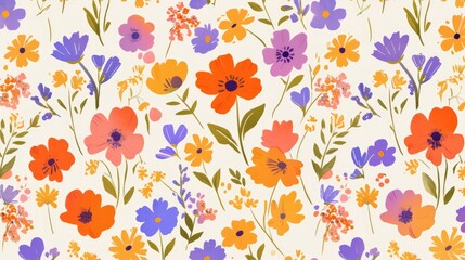 Wall Mural - A charming floral pattern featuring vibrant daisy flowers in a simple and colorful botanical design Created with markers this plain sketch is perfect for various uses such as beddi