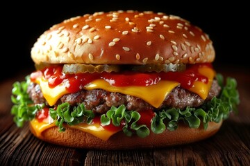 Wall Mural - Delicious Hamburger With Cheese, Ketchup, and Lettuce
