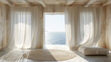 A White Room With A View Of The Ocean. The Curtains Are Open, Letting In The Sunlight And The Sound Of The Waves. The Room Is Empty, With A Rug In The Center And A Pillow On The Floor