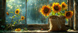a sunflowers in a vase on a window sill