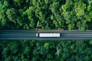 Drone captures eco-friendly transport on forest highway, with hydrogen truck and electric car in motion.. Beautiful simple AI generated image in 4K, unique.