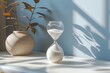 A serene scene captures a glass hourglass amidst calm shadows of a plant on a sunlit shelf, embodying a peaceful passing of time