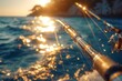 Close-up of fishing rods with reels on a boat during sunset, showcasing an exciting fishing adventure