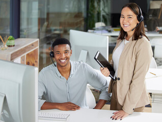Poster - Customer service, call center and portrait of people with tablet for help, internet and online advice. Communication, telemarketing office and man and woman for contact, crm support and consulting