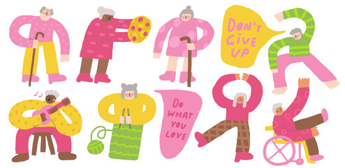 Old persons icon. Cute hand drawn doodle isolated grandfather, grandmother. Old gentleman, man, lady, women, men walking with stick, playing guitar, dancing, doing yoga, cooking pie, sitting in wheel 