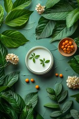 A flat lay composition featuring organic skincare products, surrounded by fresh leaves.