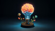 Organic brain with electric bulb blooming, enlightenment theme, isometric angle, hyperrealistic