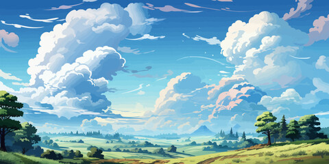 Vector blue sky clouds. Anime clean style