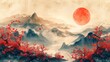 Orientated style background modern. Chinese and Japanese pattern oriental line art with golden texture. Wallpaper design with Mount Fuji, sun, cherry blossoms flower, ocean and waves.