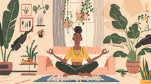 Woman Meditating In The Living Room. Woman In Yoga Po