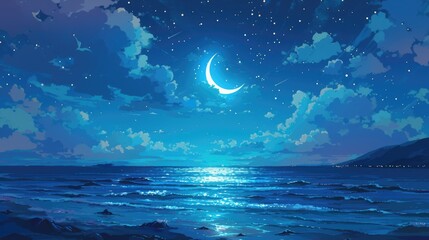 Wall Mural - a captivating 2d cartoon showcases a midnight seascape featuring a dark sky adorned with a moon star