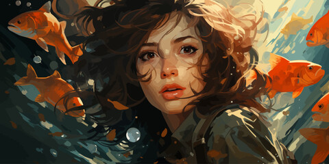 Wall Mural - young woman diving with a school of fish in the sea, digital art style, illustration painting