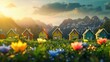 Downsizing images, homes are standing in a line, homes are seen in small and big sizes and this image shows downsizing, spring background