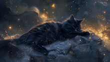 A Cat With Midnight Colors Lounging On A Celestial. Glowing Silver And Gold Star Cluster. 
