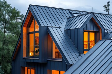 Wall Mural - A sleek dark metal dart roof window installed on a pitched roof under a clear blue sky.