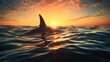 Shark fin above water at sunset, silhouette, tranquil beauty, 