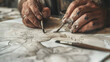 A closeup of a painters hands sketching intricate designs on canvas. showcasing the talent and creativity in painting. The focus is on detailed sketches with paintbrushes