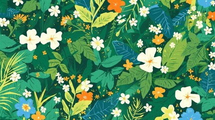 Wall Mural - A delightful arrangement of lush green leaves and vibrant flowers creates a pattern