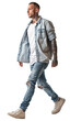 An Isolated walking handsome young man wearing blue jeans and a blue jeans shirt, cutout on transparent background, ready for architectural visualisation. png