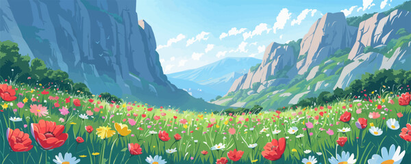 Wall Mural - A beautiful, lush green field with a mountain range in the background