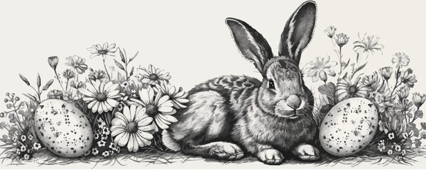 Wall Mural - A rabbit is laying down in front of a bunch of flowers and eggs