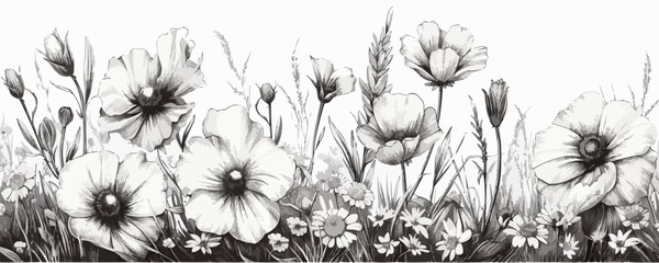 A black and white drawing of a field of flowers