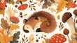 A charming cartoon 2d illustration featuring a pattern of a dozing little squirrel surrounded by honey agarics oak tree leaves nuts and forest berries