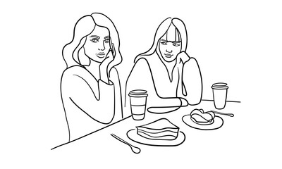 Wall Mural - Girlfriends drinking coffee. Envy, resentment, gloating isolated on white background. Coffee line art drawing. Vector illustration