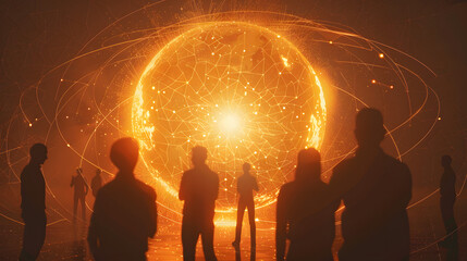 Wall Mural - A computer-generated sphere encircled by connectivity lines. with silhouettes of digital marketers around it in diverse movements. The setting is dark amber