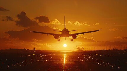 Poster - Silhouette of a plane arriving with the sun setting in the background