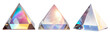 set of different triangular holographic prisms, each emitting a unique spectral light, isolated on transparent background