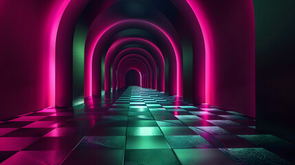 Wall Mural - A corridor with glowing floor tiles. winding like a hilly pathway. The backdrop is pitch black. 