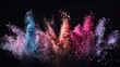 Colorful powder explosion in dark background: vibrant blue, teal, pink, and white hues in dynamic, dispersed cloud-like formations.
