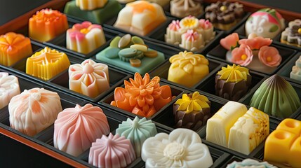 Close up of colorful chocolates in a box