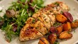Grilled chicken fillet with potatoes and arugula salad.