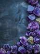 Ethereal cluster of amethyst crystals against a mystic blue background.