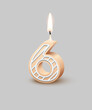 Birthday number six, candle with fire vector illustration. 3D beige number 6 with icing, candlelight for birthday or anniversary cake and happy party, invitation and greeting card design template