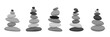 Meditation stone balance pyramid set vector illustration. Stacked pebbles black grey colors object collection isolated on white background