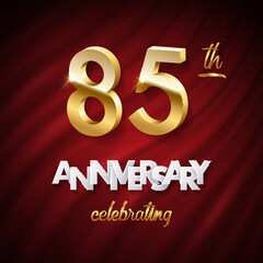 Wall Mural - 85 golden numbers, Anniversary white paper text and Celebrating word made of golden ribbons on red curtain background. Vector eighty fifth anniversary celebration event square template