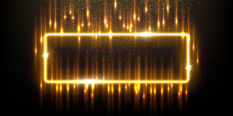 Wall Mural - gold rectangle shape border with flash rays and sparks vector illustration. realistic 3d shiny golde