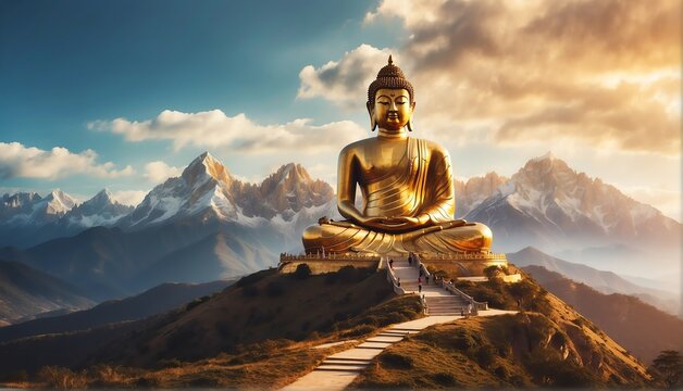 magical mountain top landscape with giant gold buddha statue from Generative AI