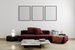 Mock up poster on white wall, red, vinous modern furniture, minimal design, 3d rendering